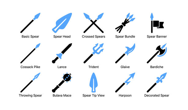 Spear and polearm icons displayed in grid on white background