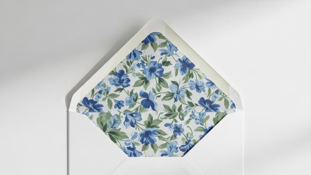 Elegant open white envelope with blue floral pattern lining on a minimalist white surface Wallpaper Background image