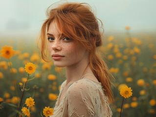 Naklejka premium Beautiful girl in a field of sunflowers