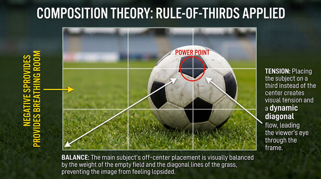 Educational graphic layout overlaying rule of thirds framing metric grids guidelines over professional sports