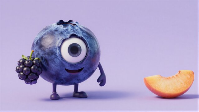 A cheerful one-eyed blueberry character holds a blackberry beside peach slice.
