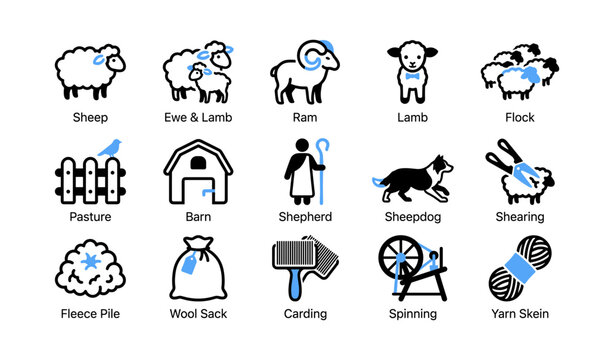 Sheep and wool icons showing farming and textile elements on white background