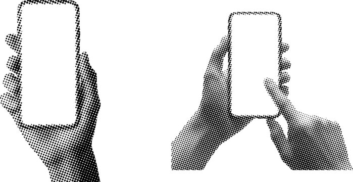 Halftone hands holding smartphones with blank screens in front