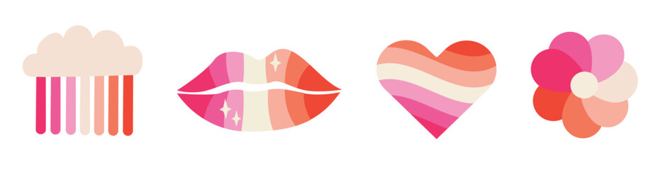 Fototapeta premium Set of lesbian pride flag icons with retro groovy aesthetic isolated on white background. Abstract vector design elements with rainbow cloud, lips, heart, and flower for LGBTQ Pride Month celebration.