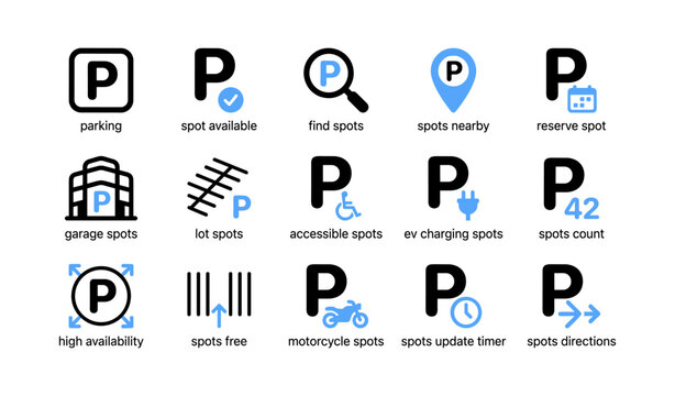 Parking icons showing spot types and availability on white background