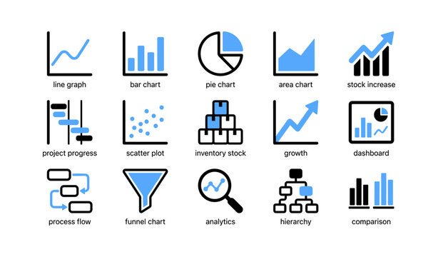 Chart and analytics icons showing graphs and data on white background