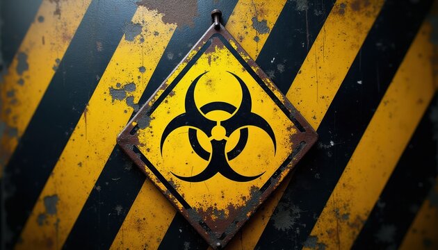 Biohazard sign on a weathered metal surface with yellow and black warning stripes. This symbol indicates a dangerous biological substance or agent.