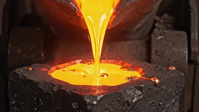 Molten Liquid Metal Pours Into Dark Graphite Mold with Flying Sparks and Heat Distortion