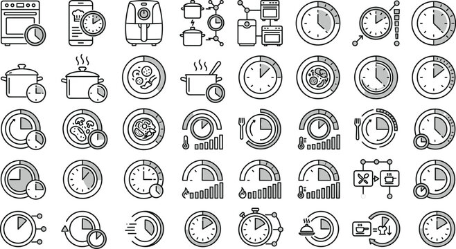 Cooking time management and smart kitchen duration tracking outline icons set with stove oven pot timer countdown