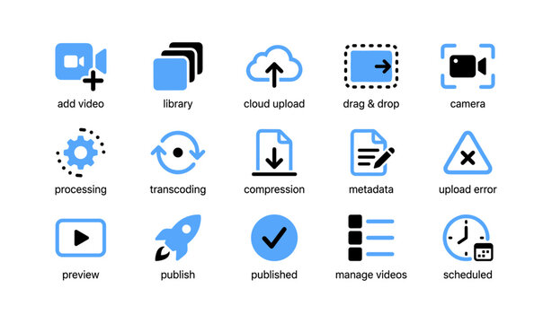 Upload and library icons for video management on white background