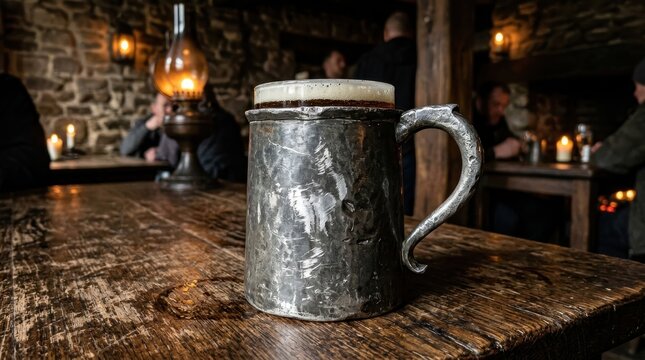 Rustic Metal Beer Mug Filled With Frothy Ale in a Dimly Lit Tavern