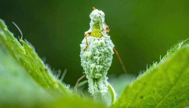 Spittlebug Creating Frothy Protective Casing on Green Leafy Plant in Macro Detail