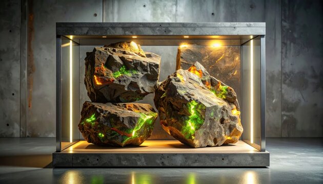 Rough uranium ore samples displaying earthy colors and subtle radioactive glow in a display cabinet