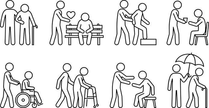 Elderly care volunteer stick figure line icon set senior disability rehabilitation wheelchair walker caregiver support nursing home vector