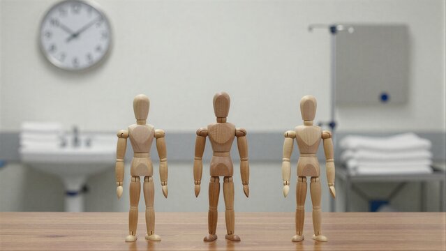 Three wooden dolls stand on a table in front of bathroom sink and clock.