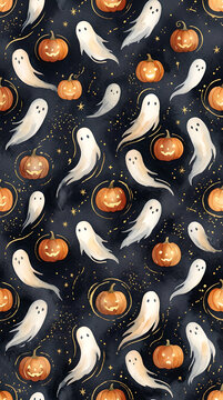 Vector seamless pattern for halloween party decoration with watercolor pumpkins and creepy white ghosts