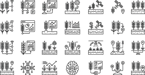 Smart agriculture and digital farming outline icons set including wheat crop monitoring satellite data analytics line vector illustration © Sujon Shah