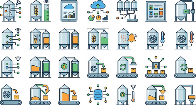 Smart agricultural grain silo and food processing automation icons set including warehouse monitoring conveyor data line vector illustration