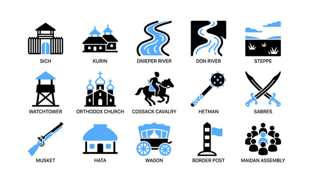 Historical cossack and regional icons with labels on white background