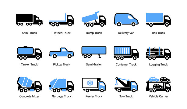 Truck vehicle icons displaying various commercial transport types