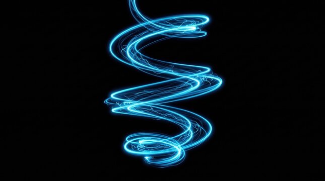 Abstract blue neon light trail spiral isolated on black background. Dynamic glowing electric vortex energy wave, futuristic digital motion magic swirl, glowing plasma curves backdrop element