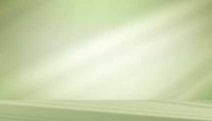 Obraz premium Green Background wall studio with light ray, shadow on 3d stage podium product display.Kitchen wall room, Empty stand mockup with white light on color green floor, Interior scene soft gradient texture