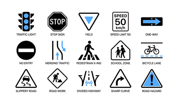 Road signs and traffic icons showing common warnings and regulations