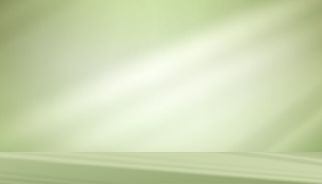 Green Background wall studio with light ray, shadow on 3d stage podium product display.Kitchen wall room, Empty stand mockup with white light on color green floor, Interior scene soft gradient texture