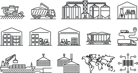 Agricultural supply chain and grain logistics infrastructure icons set including storage silos shipping cargo warehouses line vector illustration © Sujon Shah