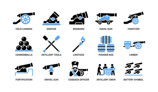 Artillery and cannon icons depicting various gun types and tools