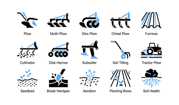 Farming and soil tillage icons illustrating plows and planting