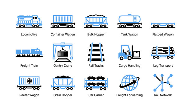 Rail freight icons showing wagons and cargo types in grid layout