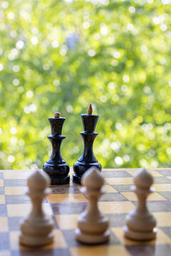 Black chess king and queen pieces stand in focus behind blurred white pawns, symbolizing competition, strategic leadership, and different business teams.