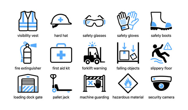 Workplace safety icons arranged in grid on white background with labels
