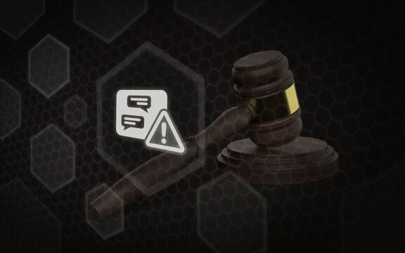 3D illustration of a wooden judge gavel with a glowing digital chat icon and a warning sign overlay. Concept representing legal regulations, online defamation and moderation law.
