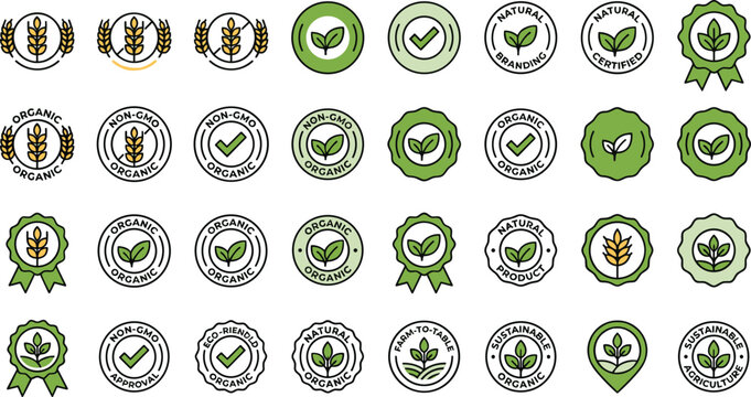 Organic food and natural product certification badges set including non gmo eco friendly labels vector line illustration