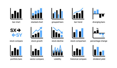 Obraz premium Bar chart and stock comparison icons on white background