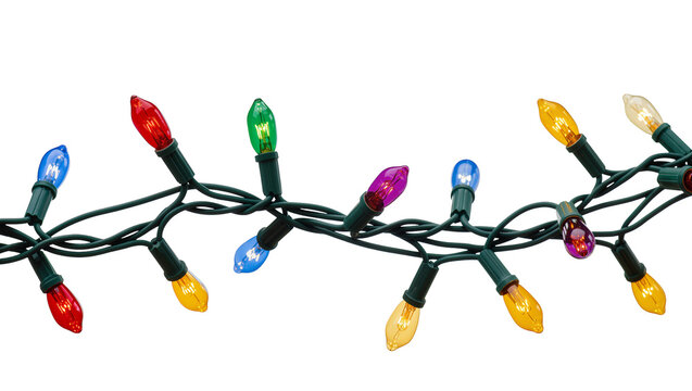 Isolated colorful retro Christmas lights string tangled for festive holiday decoration