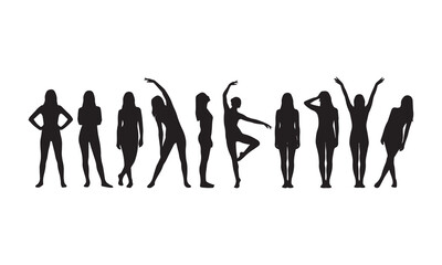 Obraz premium Silhouettes of women in graceful and artistic poses, including dance and stretching movements.
