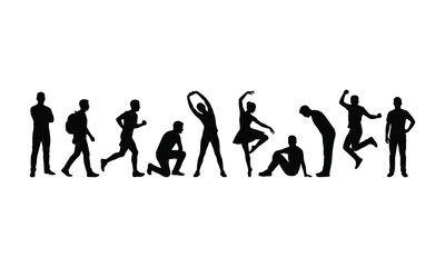Obraz premium Diverse group of people silhouettes in various active and relaxed poses on white background.