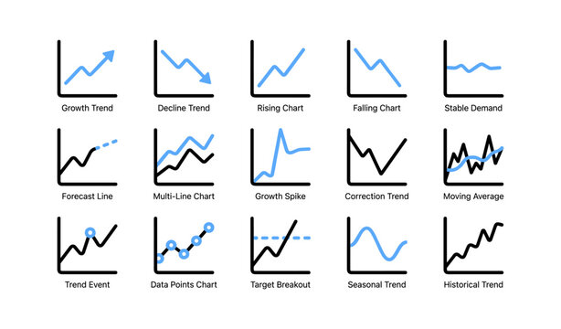 Chart and trend icons showing various line graphs in grid