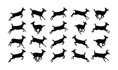 Fototapeta premium Collection of black deer silhouettes in various running and leaping poses on a white background.