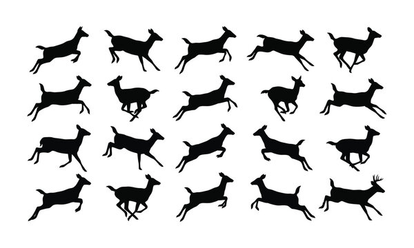 Collection of black deer silhouettes in various running and leaping poses on a white background.