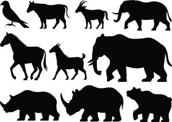 Fototapeta premium Collection of diverse animal silhouettes including elephant rhino horse bear and farm livestock for wildlife and nature graphic design
