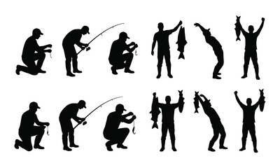 Fototapeta premium Collection of male angler silhouettes depicting various fishing actions, from casting lines to proudly displaying successful catches.