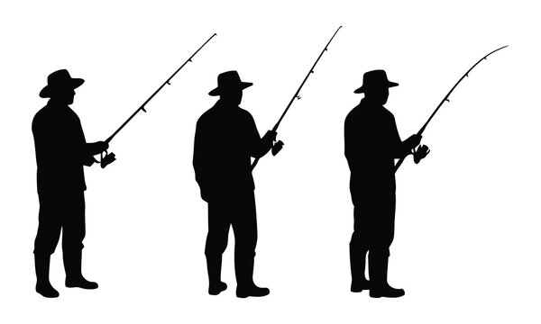 Silhouettes of three male anglers standing upright, holding their fishing rods, ready for a day of recreational fishing.