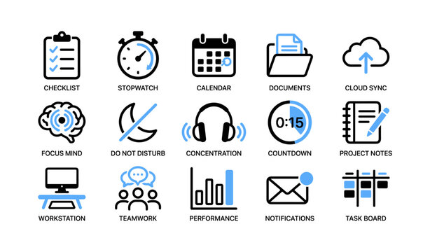 Productivity and focus icons for task and time management on white