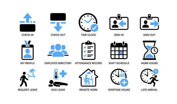 Employee attendance and time tracking icons on white background