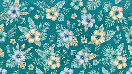 Tropical Floral Pattern: Exotic Hibiscus Flowers and Leaves on Teal Background © Prasetyo