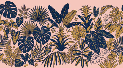 Exotic Tropical Leaves Pattern, Navy Blue and Gold on Pink Background © Prasetyo